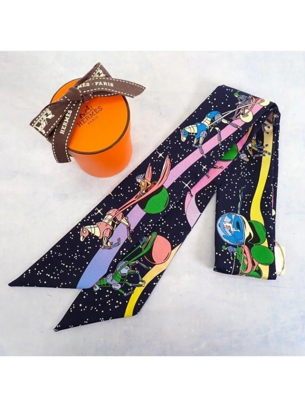 Hermes Twilly Space Scarf Silk Navy Marine Rose